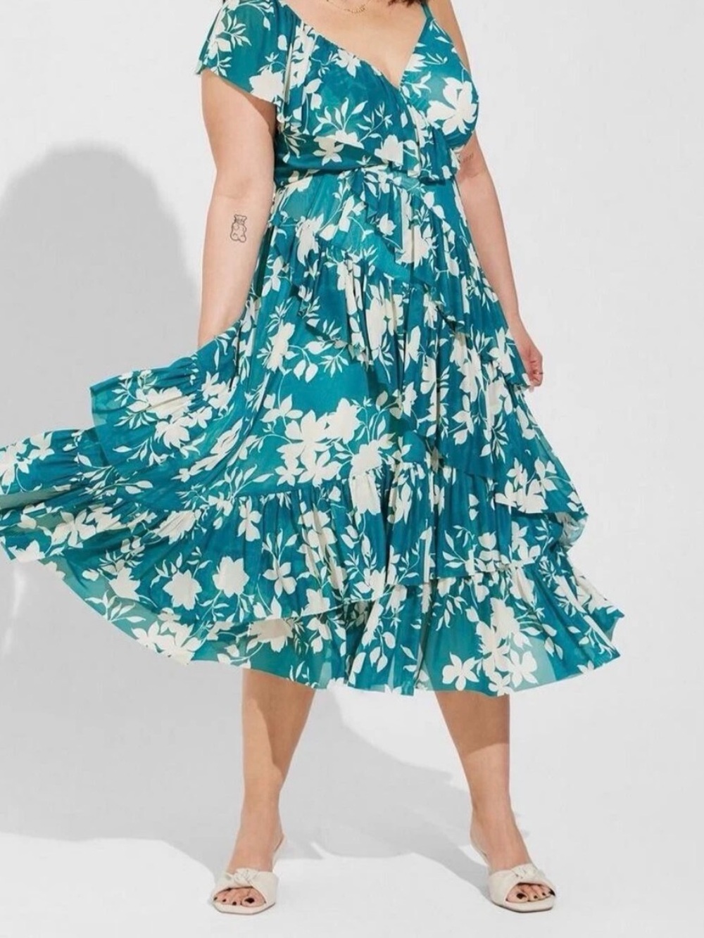 torrid Teal & White Floral Tiered Midi Dress